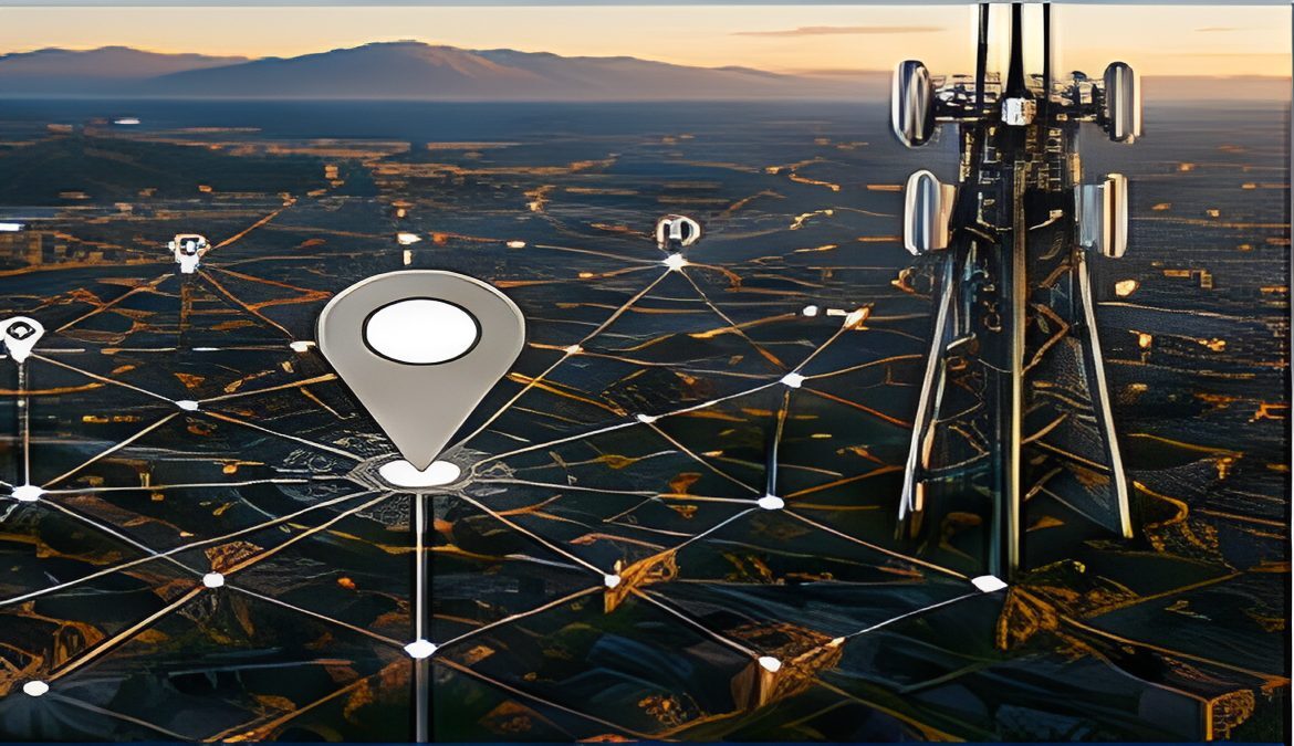 Map visualization showing cellular tower sectors, GPS location data, and device movement analysis.