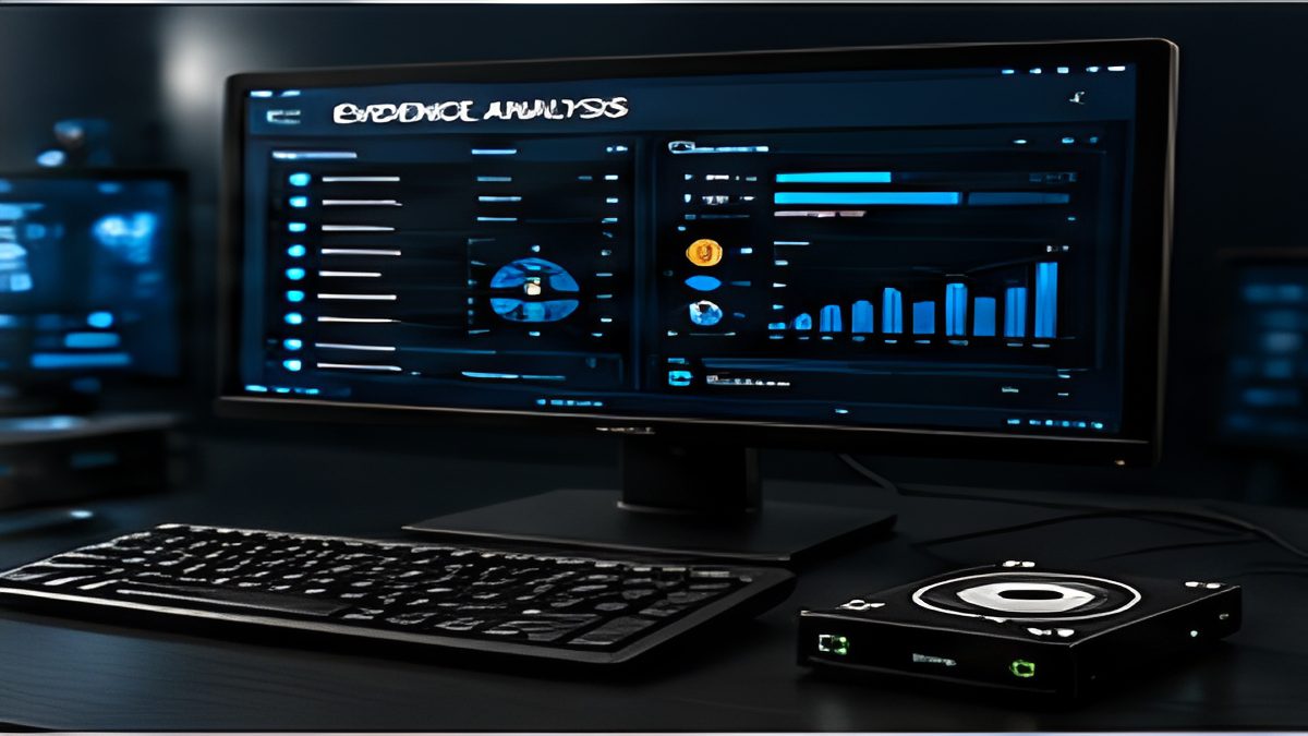 Computer forensic workstation displaying digital evidence analysis with a laptop and storage media.